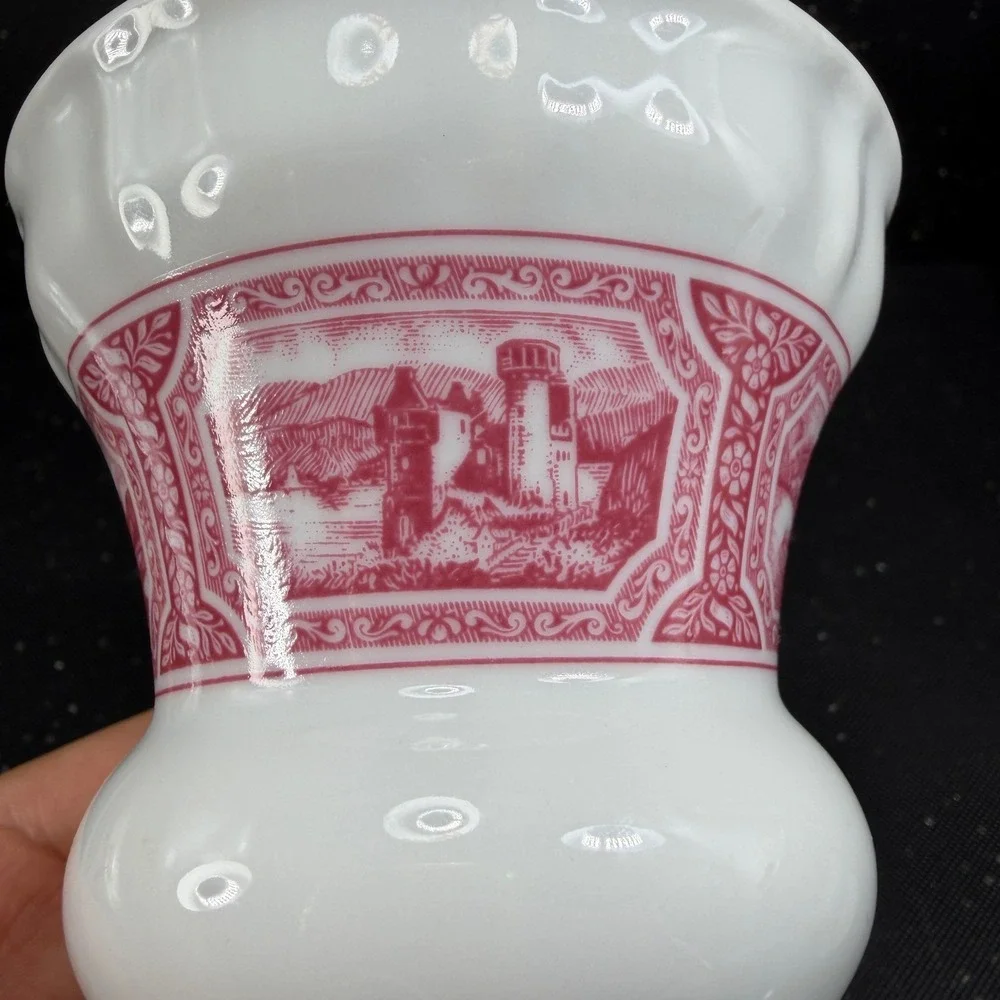 Heinrich Germany Porcelain Vase Pink White Scenic Transferware Castle 4.5 Inch